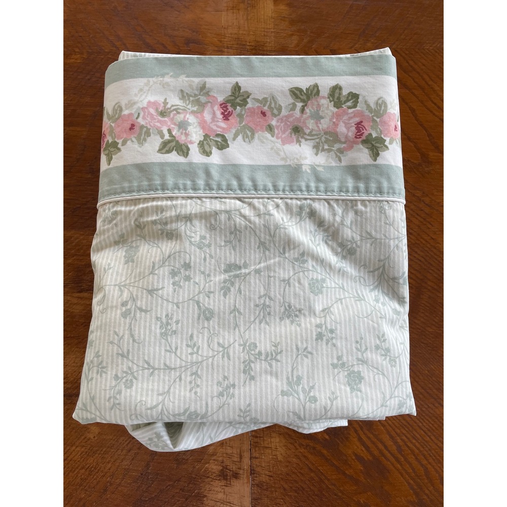 Vtg Laura Ashley Full Flat Sheet Pink Rose Floral Green Pinstripe‎ Made in USA